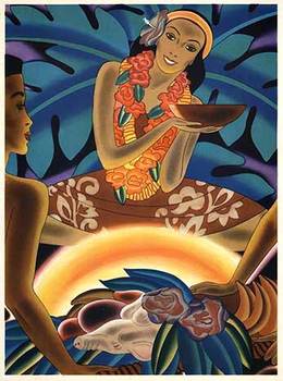 Hawaii, Hawaiiana, girl with a bowl, fire light, flowers, cruise linen menu cover