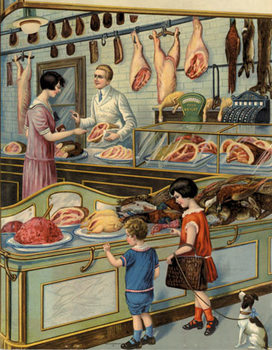 meat market, food, supermarket, butcher shop, chromo lithograph, 1920's, 1930's, vintage, old poster,