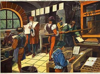 Linen backed, horizontal format, lithograph showing workers doing typeset on a very old printing press.   Gutenberg using the printing press with his workers.    Printed by Editions Rossignol, Vienna, Austria.