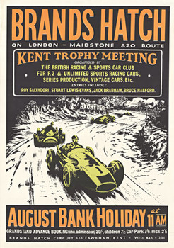 Linen backed original Brands Hatch racing poster.   Brands Hatch Kent Trophy Meeting August Bank Holiday 11 am.
<br>Featuring Roy Salvadori, Stuart Lewis-Evans, Jack Brabham and Bruce Halford, a rare and sought after poster.
<br>
<br>Brands Hatch is a mot