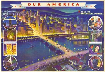 Original horizontal format, Our America #3 Electricity.   Uses of electrical power.   This poster in the series shows the electric city at night with the buildings lit up and all the car and street lights.
<br>
<br>The "Our America" posters were created b