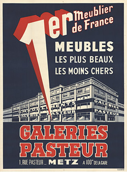 French poster, linen backed, of a large store front.   Inside are furniture stores, art stores, etc.  Fine condition