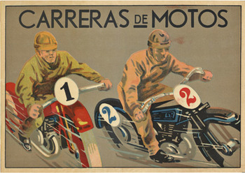 Carreras de Motos, Two Men, Horizontal, Racetrack, Spanish, Original Poster, Poster Art, Posters for sale, #motorcycles #motorcycle racers