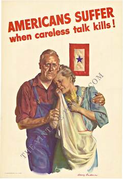 Original World War II poster: AMERICANS SUFFER WHEN CARLESS TALK KILLS! Artist: Harry Anderson. Size: 14" x 20.25" Year: 1943. Acid free archival linen backed original WWII, U. S. Government printed vintage poster. <br> <br>AMERICANS SUFFER WH
