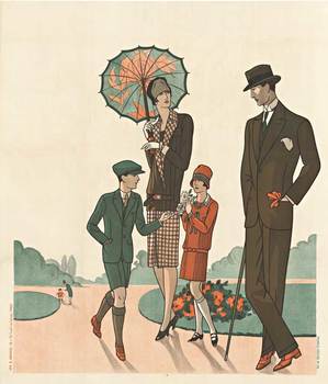 A lady holding an umbrella with two children and her husband walking in the parkt, art deco fashion poster,