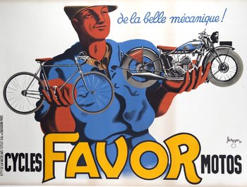 horizontal French Favor cycles, shows a motorcycle and bicycle being held in a builder’s hand.  Fun art déco original poster, excellent condition