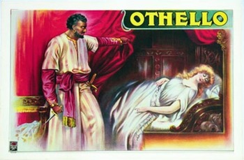 Original horizontal format; linen backed vintage poster for Othello. Full lithograph from the 1920. Stafford & Co., England. Brilliant, scarce stone lithograph of Othello with dagger and sleeping Desdemona in climactic scene of Shakespeare tragedy. 