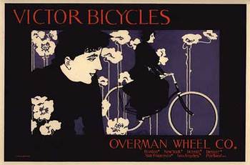 Victor Bicycles poster advertisement of one woman riding by as another admires her bike. Sure, that's it.