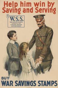 soldier, 2 children, World War 1 lithograph, original poster, buy War Saving Stamps original poster
