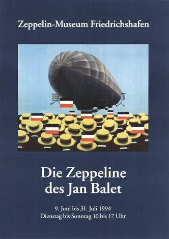  <br>Die Zeppeline des Jan Balet. Original and linen backed. Die Zeppeline des jan Balet, Zeppelin-Museum Friedrichshafen, is for the Zepplin Museum. A sea of men, wearing straw hats, looking skyward towards the the zepplin's arrival.