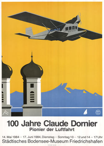 Original exhibition poster: 100 Jahre Claude Dornier <br>Pionier der Luftfahrt. Artist: Oscar Consee. Very good condition. Printed for the 1984 Stadtisches Bodensee Museum Friedrichshafen. <br> <br>Original linen backed and in excellent condition.
