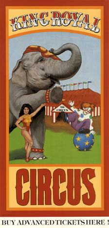 Original circus poster: King Royal Circus Archival linen backed and ready to frame. <br> <br>Original linen backed. Great condition with vibrant colors. This smaller narrow panel vintage circus poster features an elephant with a clown on a ball, and 