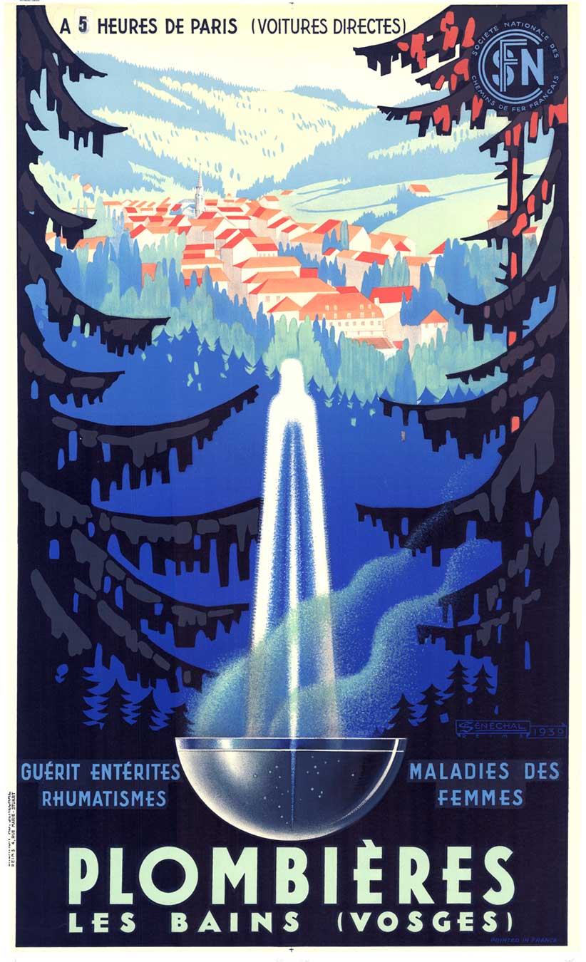 spa, cobault blue, fountain, original poster, linen backed, affiche, trees,