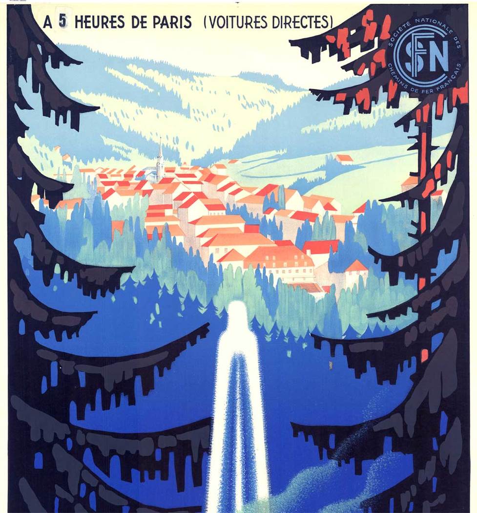 spa, cobault blue, fountain, original poster, linen backed, affiche, trees,