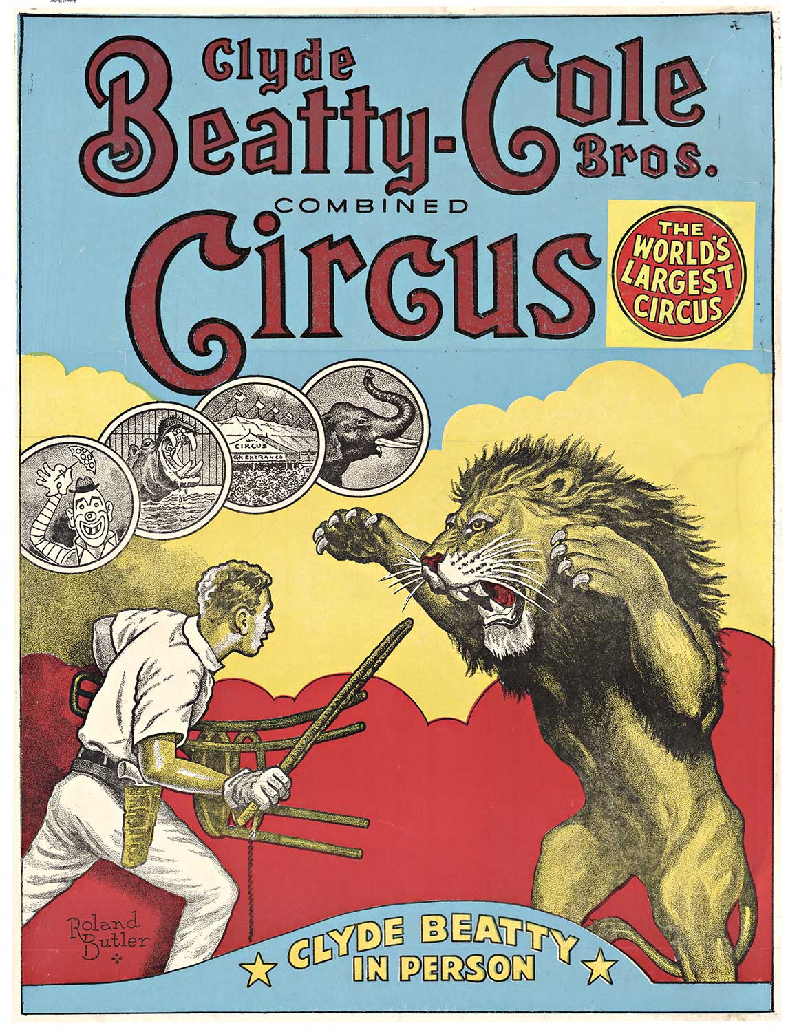 circus poster, lion, lion tamer, clowns. Circus poster, poster WWII