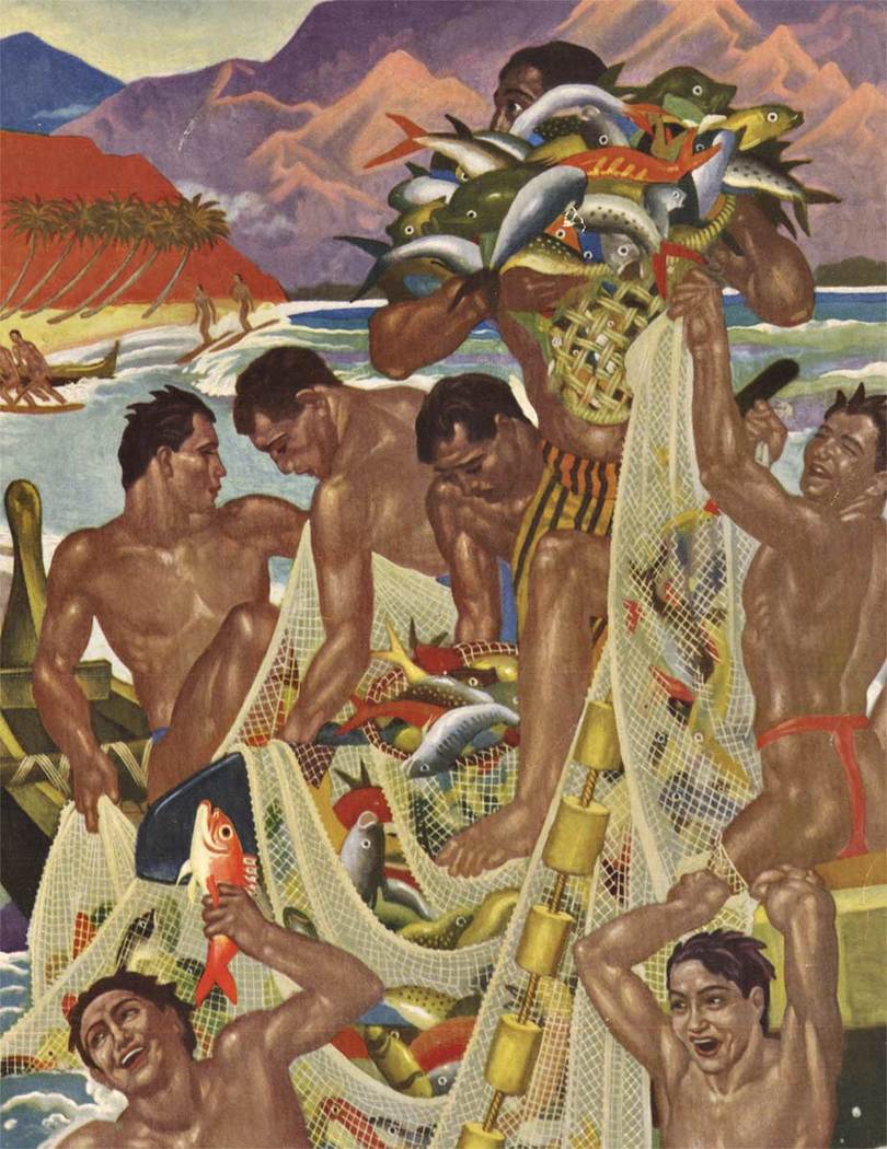Eugene Savage was commissioned in 1938 to make a series of murals on Hawaiian themes for the Matson Navigation Company. "The Matson Murals" were completed in 1940 and were intended to be installed in the company's cruise ships. In 1948, lithographs bas