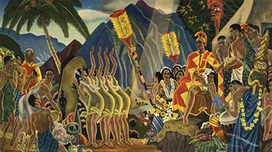 Eugene Savage - Matson Lines Hawaii- Pomp and Circumstance Hawaii, Hawaiiana, Matson cruise line, horizontal, origional menu cover
