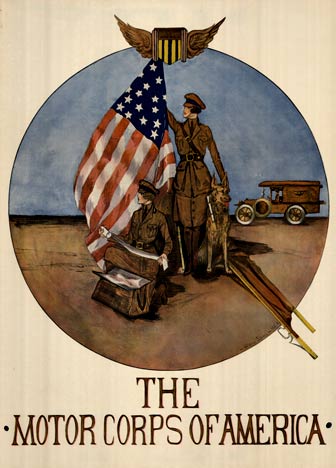 The Motor Corps of America. Original World War 1 antique military poster. Artist: Helene Jones. Size: 30" x 40". Archival linen backed vintage propaganda poster; ready to frame.