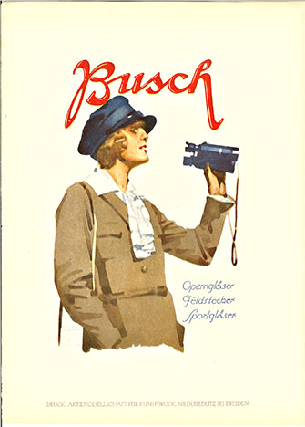Busch Opernglaser Feldstecker Sportglaser. Original. Lithograph. Being advertised are Busch brand opera glasses, binoculars, and sport glasses. Portrayed is a woman about to look through a pair of bright blue binoculars, the colors in this image are fabu