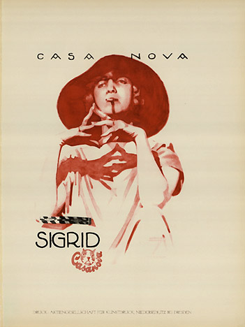Casa Nova Sigrid. Original. Lithograph. A woman colored in a brilliant red muses over the cigarette dalicately dangling from her lips. <br>Original lithograph plate from the "Ludwig Hohlwein" publication, <br>Printed in Berlin 1926. This is NOT linen 