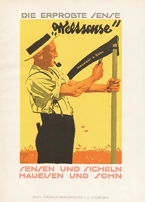 Original Die ‘Erprobte Sense Wellsense’ German vintage poster. <br>Original lithograph plate from the "Ludwig Hohlwein" publication, Printed in Berlin 1926. <br>Scythes and sickles HAUEISEN AND SON. <br>Excellent condition, clean and bright.