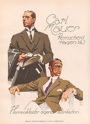 Calr Mauer. Gentleman Dressing In Hand Designed fabrics by Carl Mauer. Living in styles boys! Clean cut and ready for business. Original and good condition. <br> <br>Original lithograph plate from the "Ludwig Hohlwein" publication, <br>Printed in Berlin