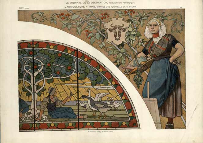 stain glass, woman, bulls head, agriculture design