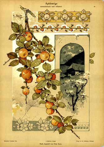 art noujveau decorative print. Apples, fruit tree