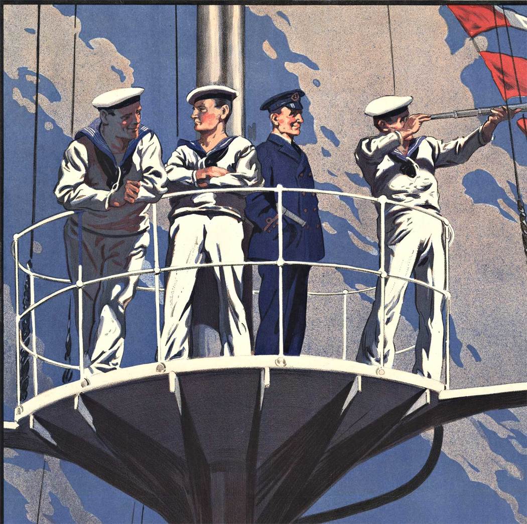 Original. Linen backed. A condition. "The Navy Wants Men" - a Royal Naval Canadian Volunteer Reserve recruitment campaign poster. Printed in London. Great Britain Admiralty Recruiting Department, [1915] W.H. Smith & Son, Printers, 55 Fetter Lane, Lond