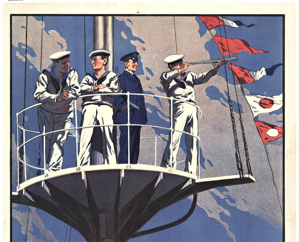 Original. Linen backed. A condition. "The Navy Wants Men" - a Royal Naval Canadian Volunteer Reserve recruitment campaign poster. Printed in London. Great Britain Admiralty Recruiting Department, [1915] W.H. Smith & Son, Printers, 55 Fetter Lane, Lond
