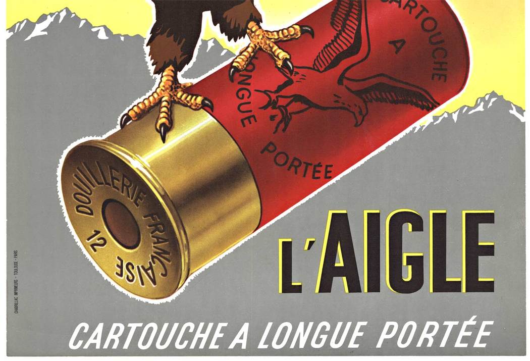 Eagle carrying a shotgun shell, French poster, linen backed, hunting poster,
