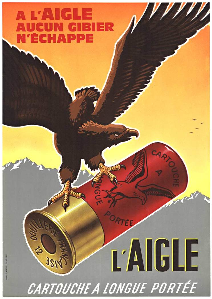 Eagle carrying a shotgun shell, French poster, linen backed, hunting poster,
