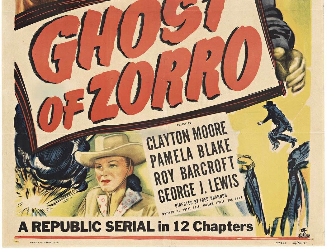 Original. Mounted on acid free archival linen. <br>Movie poster for the film "Ghost of Zorro", starring Clayton Moore as Ken Mason/Zorro, Pamela Blake as Rita White, Roy Barcroft as Hank Kilgore, George J. Lewis as Moccasin, and Eugene Roth as George Cran