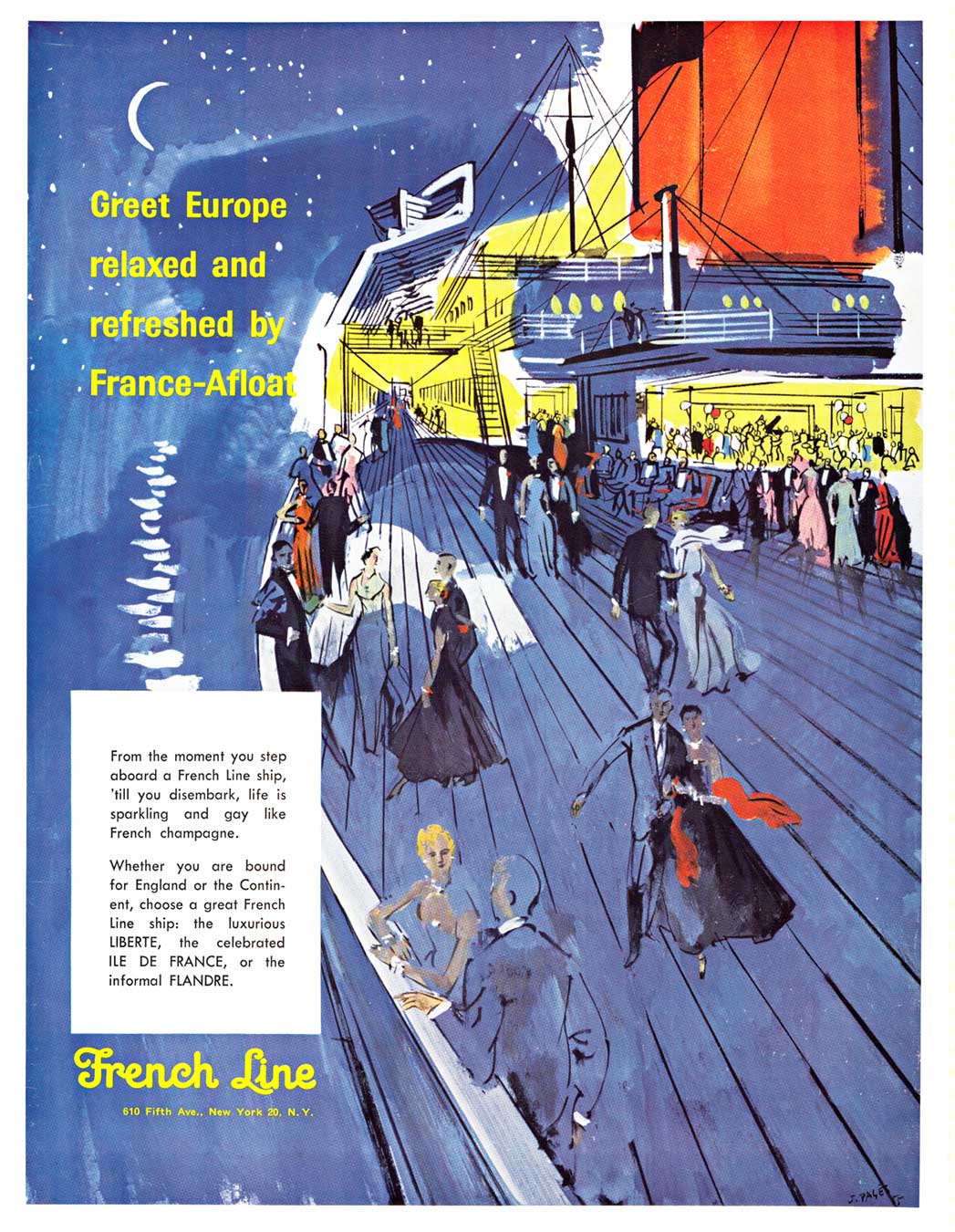 travel by cruise ship, people on ship deck, linen backed, French Line, original poster