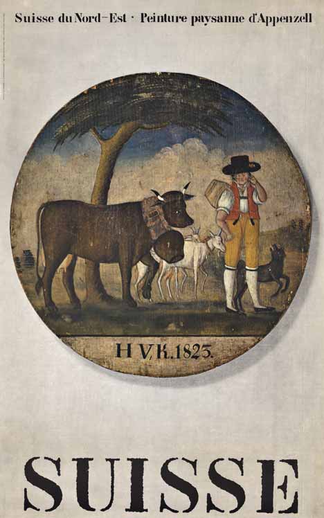 Swiss railroad poser features a 1825 image of a group of cows and goats, famer, dog. Linen backed, original poster, fine condition.
