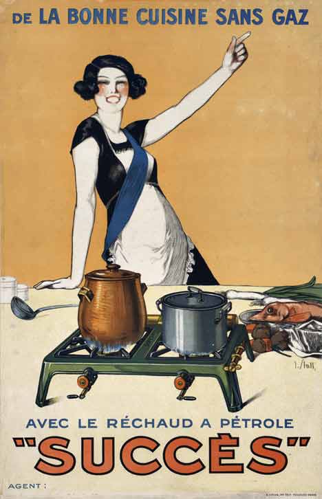 woman in kitchen, new stove, pot and pans, food, ladel, arat deco, original poster, cooking with gas origina,