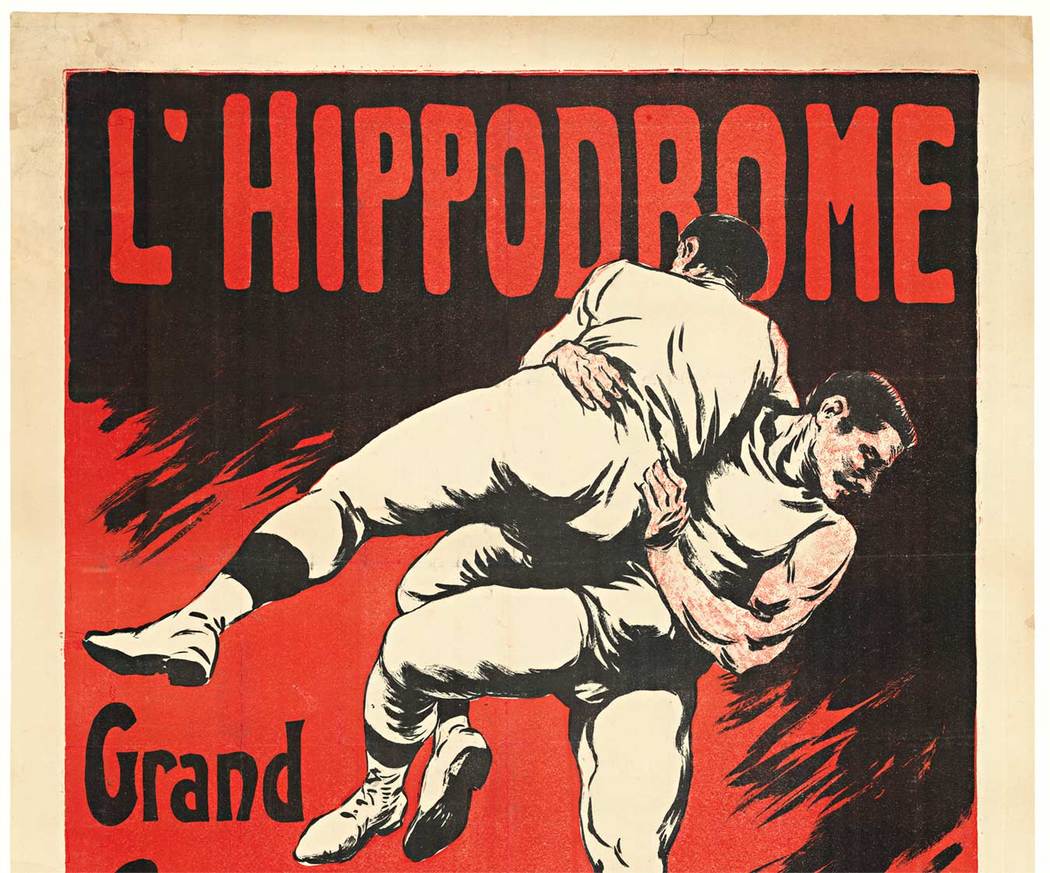 L'Hippodrome Grand Chapionnat du Monde des Luttes Libres <br>Original. Mounted on acid free archival linen. <br>L'Hippodrome - Grand Chapionnat du Monde des Luttes Libres. <br>This is a great poster advertising free-style wrestling in France, and was cre