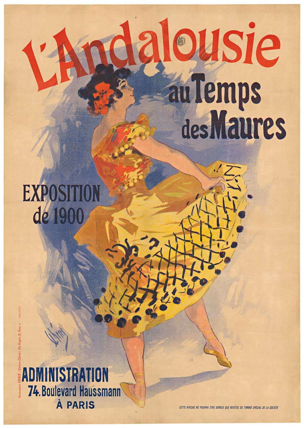 turn of the century stone lithograph, printed and artist Jules Cheret, father of the poster, linen backed, good condition art nouveau authentic poster, lady holding up her dress as she dances. Should be the best price and value for this rare poster