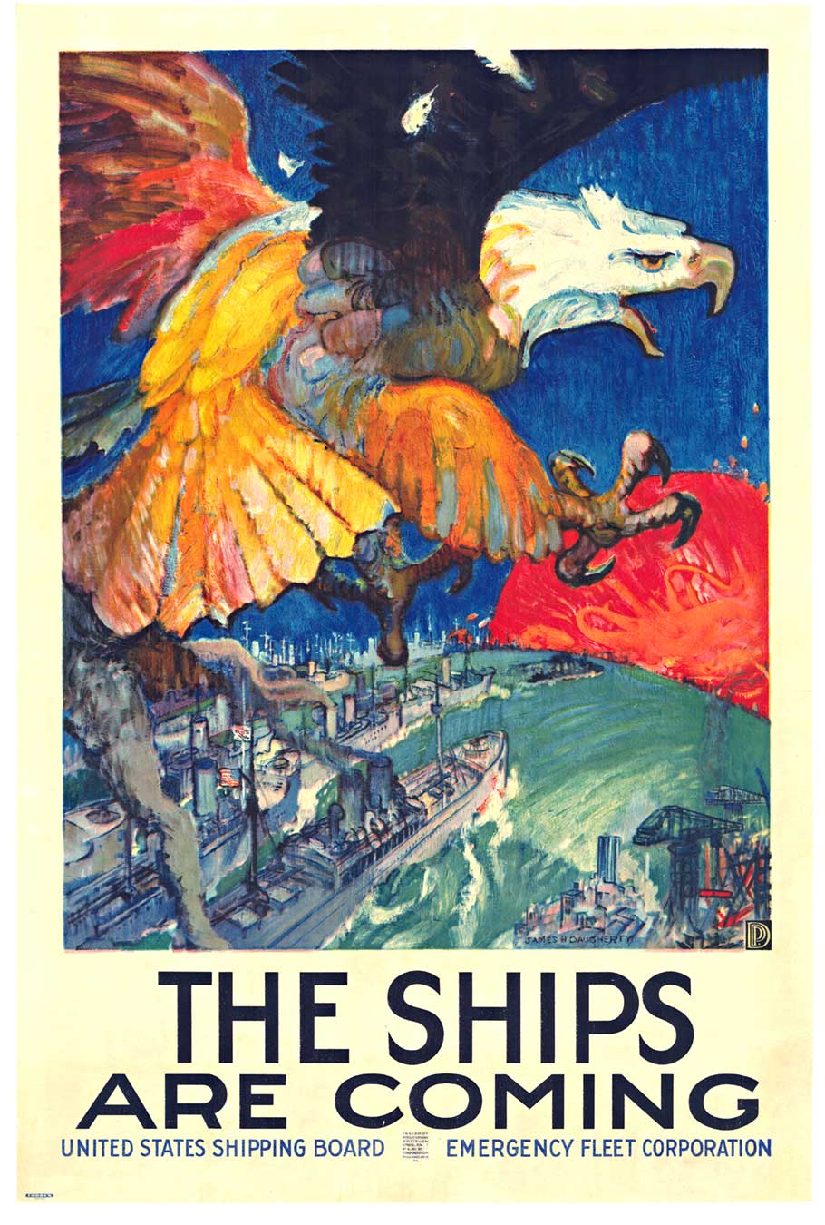 easgle, shkips, colorful coean, docks, original military poster,
