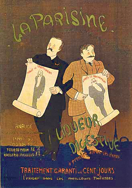 An exposition for Liquer digestive. Two men holding different picyures of other men. One happy, one sad