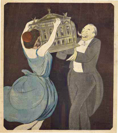 L'Opera Republican, original Le Rire; 1907; artist: Leonetto Cappiello. Archival linen backed turn of the century image André MESSAGER. And a woman holding up the opera house in their arms. Original. Mounted on acid free archival linen.