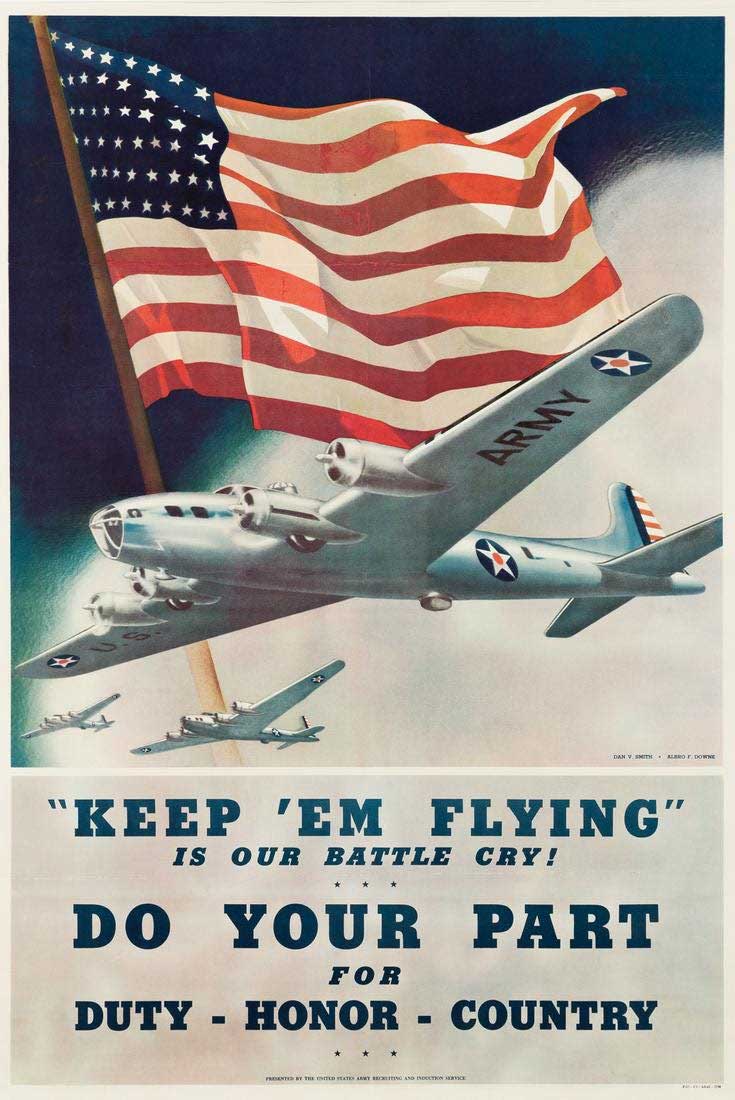 US flag, airplane in flight, WWII orignial poster, linen backed, fine condition,