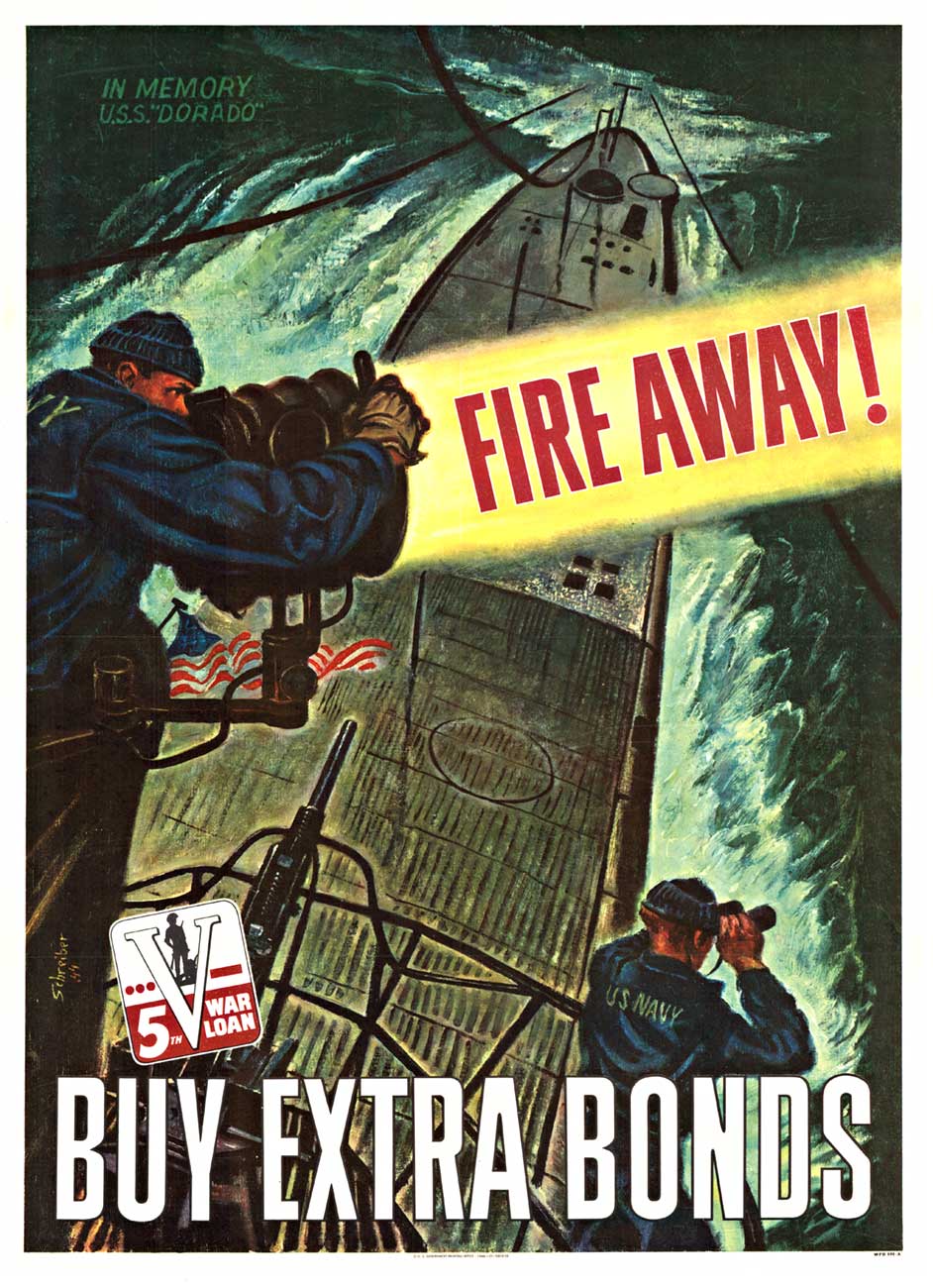 spotlight on top of a ship or submarine, us navy, origional WWII poster, linen backed