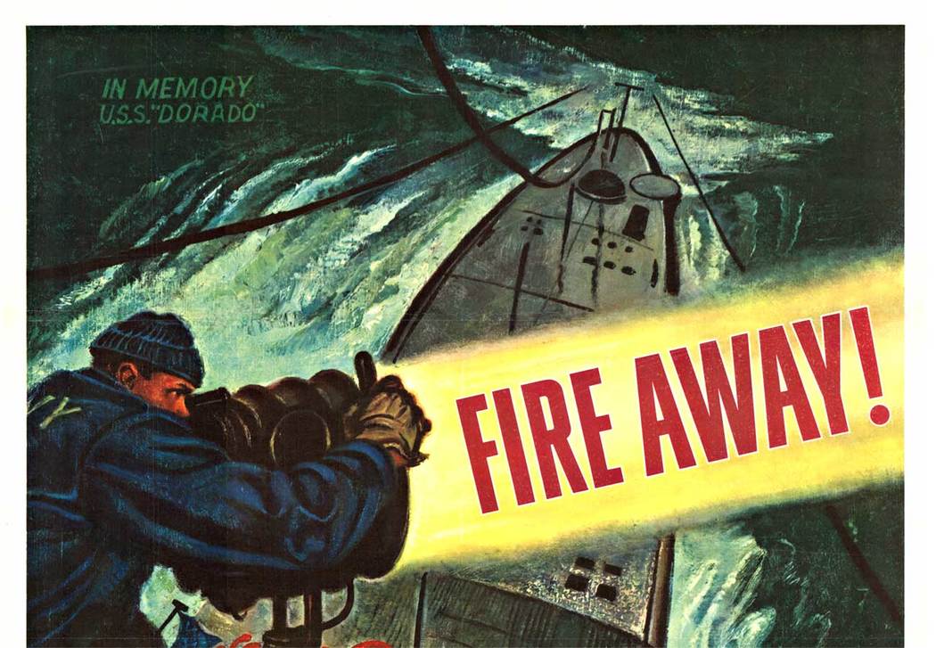 spotlight on top of a ship or submarine, us navy, origional WWII poster, linen backed