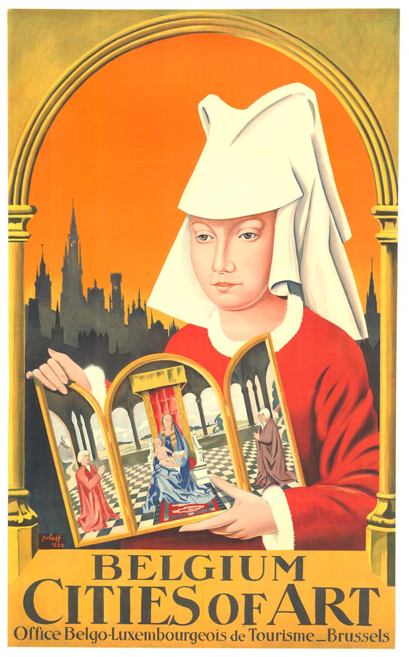 Original travel poster, woman holding Mary with Jesus, Belgium, City of Art, linen backed, fine condition.