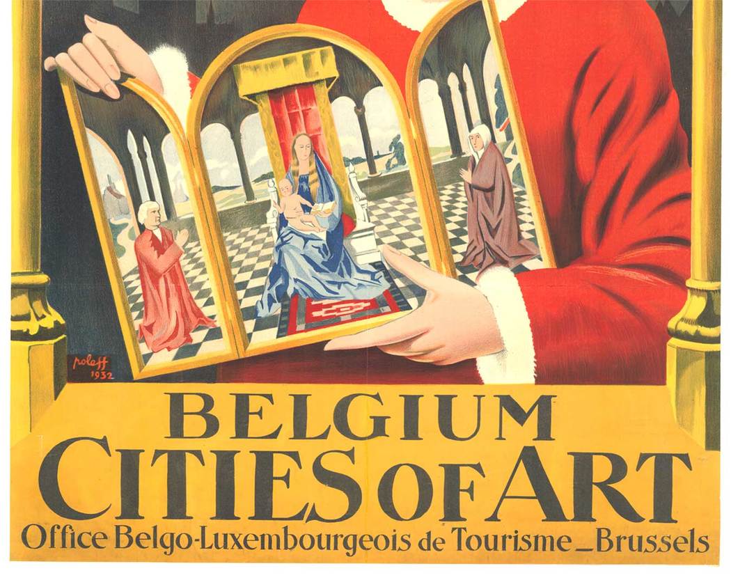 Original travel poster, woman holding Mary with Jesus, Belgium, City of Art, linen backed, fine condition.