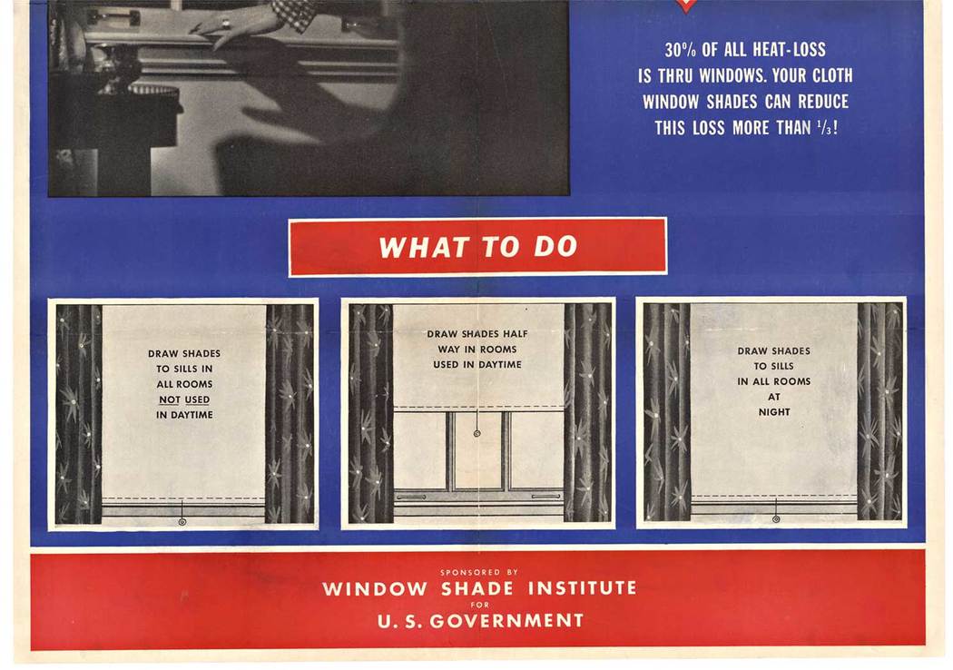 woman closing blinds, window shades, original war poster, linen backed <br>The poster indicates that 30% of all heat loss is through window. Your cloth window shades can reduce this loss more than one third! Diagrams are provided to illustrate how 