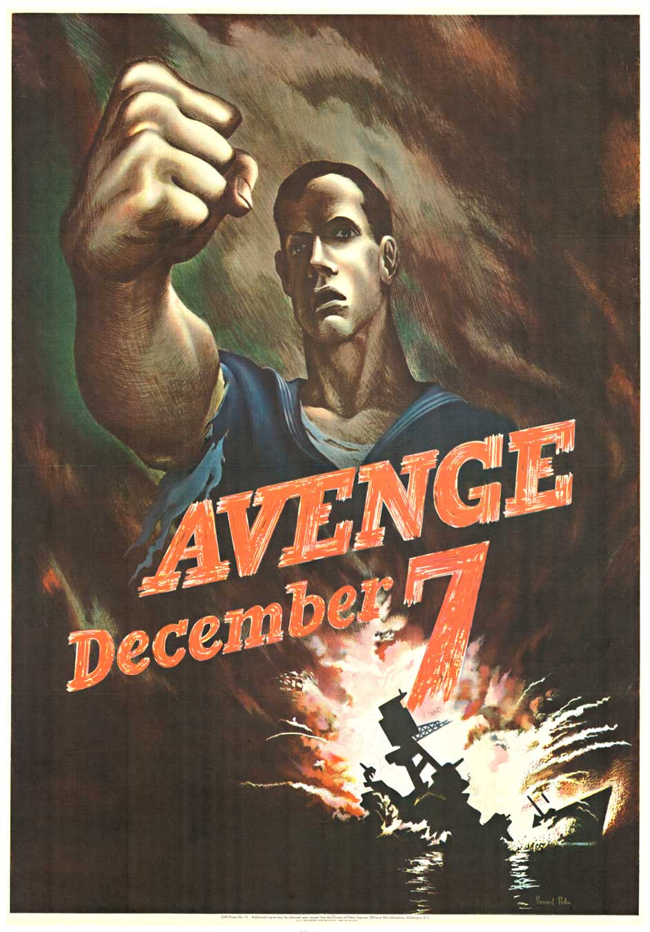 man with his fist. Bombs exploding, ships sinking, December 7, war poster, military psoter, World War II