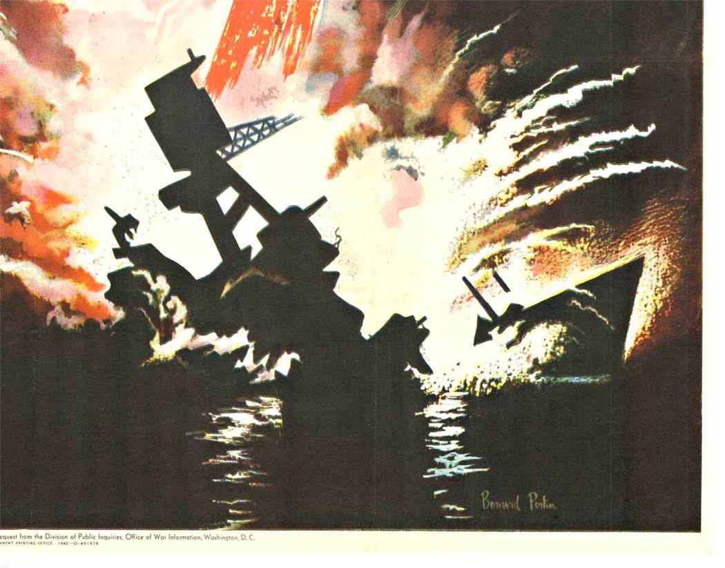 man with his fist. Bombs exploding, ships sinking, December 7, war poster, military psoter, World War II