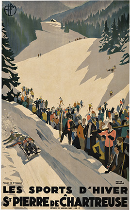 Original. Piste de bob de Perquelin. Les Sports d'Hiver; St. Pierre de Chartreuse. Winter Sports on the bobsled slope at Perqueliin, France. French Alps. <br>Roger Broders created two posters for St. Pierre de Chartreuse, one for summer and this on